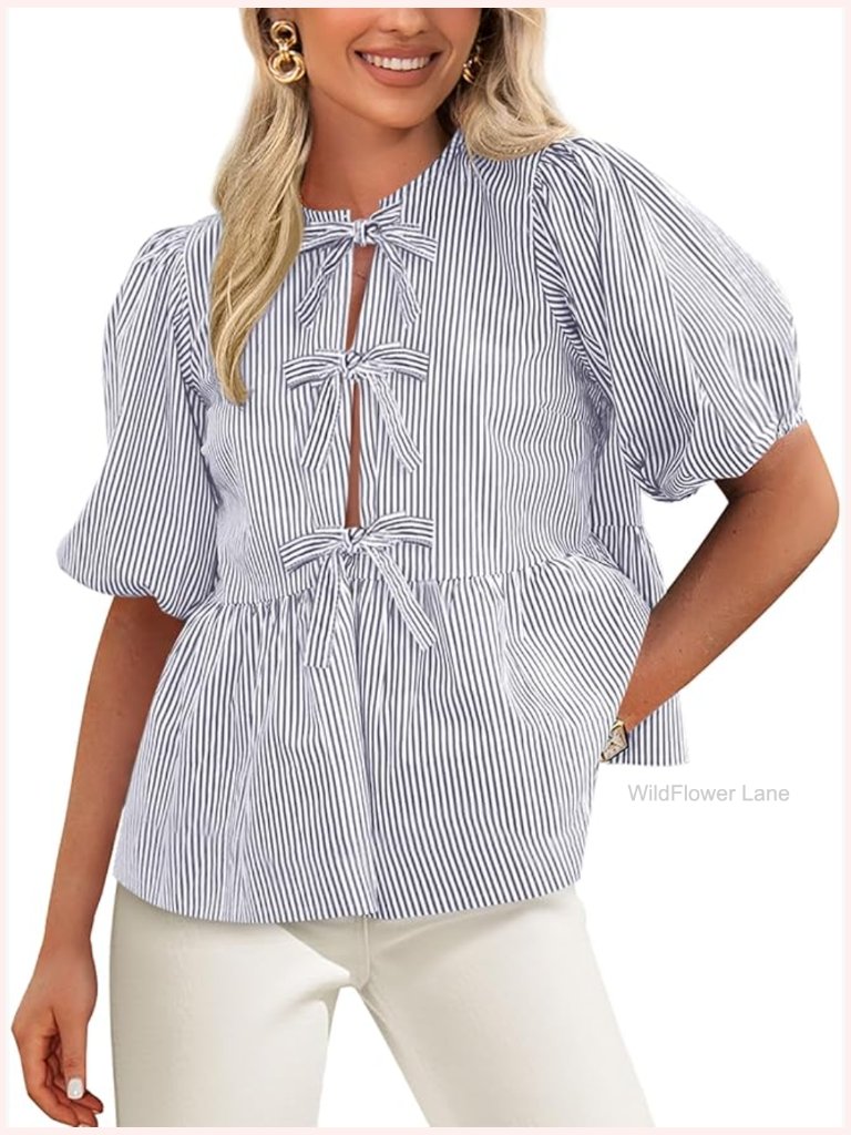 Striped Tie Front Puffy Sleeve Babydoll Blouse Crew Neck Peplum Top